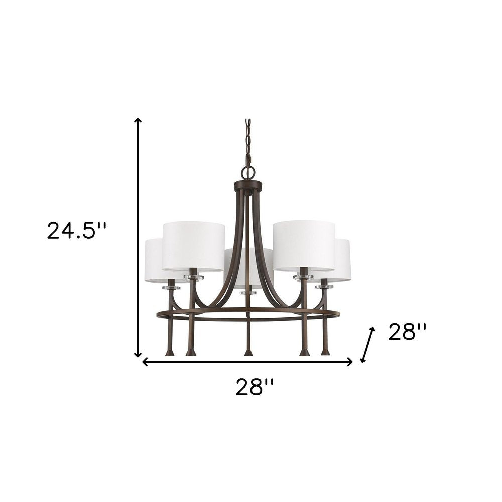 Brown Candle Style Five Light Metal and Crystals Dimmable Chandelier With White Shades HomeRoots