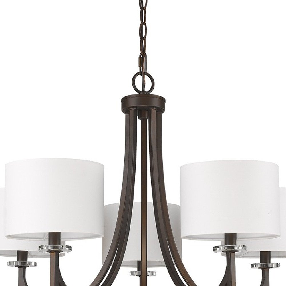 Brown Candle Style Five Light Metal and Crystals Dimmable Chandelier With White Shades HomeRoots