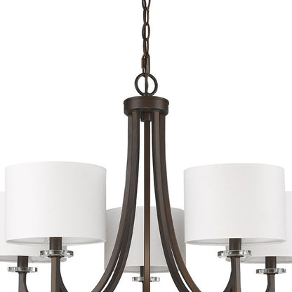 Brown Candle Style Five Light Metal and Crystals Dimmable Chandelier With White Shades HomeRoots