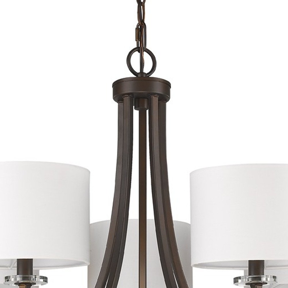 Brown Candle Style Five Light Metal and Crystals Dimmable Chandelier With White Shades — view 4