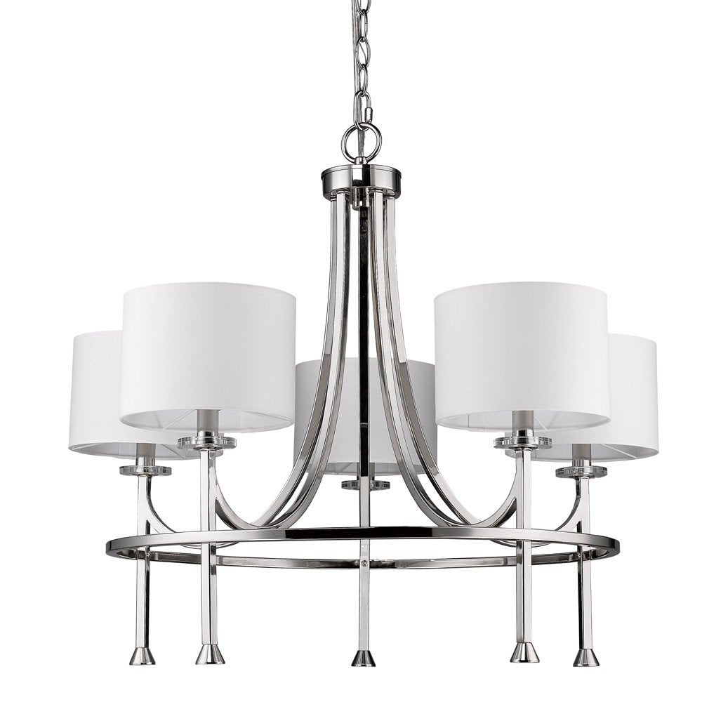 Silver Candle Style Five Light Metal and Crystals Dimmable Chandelier With White Shades — view 1