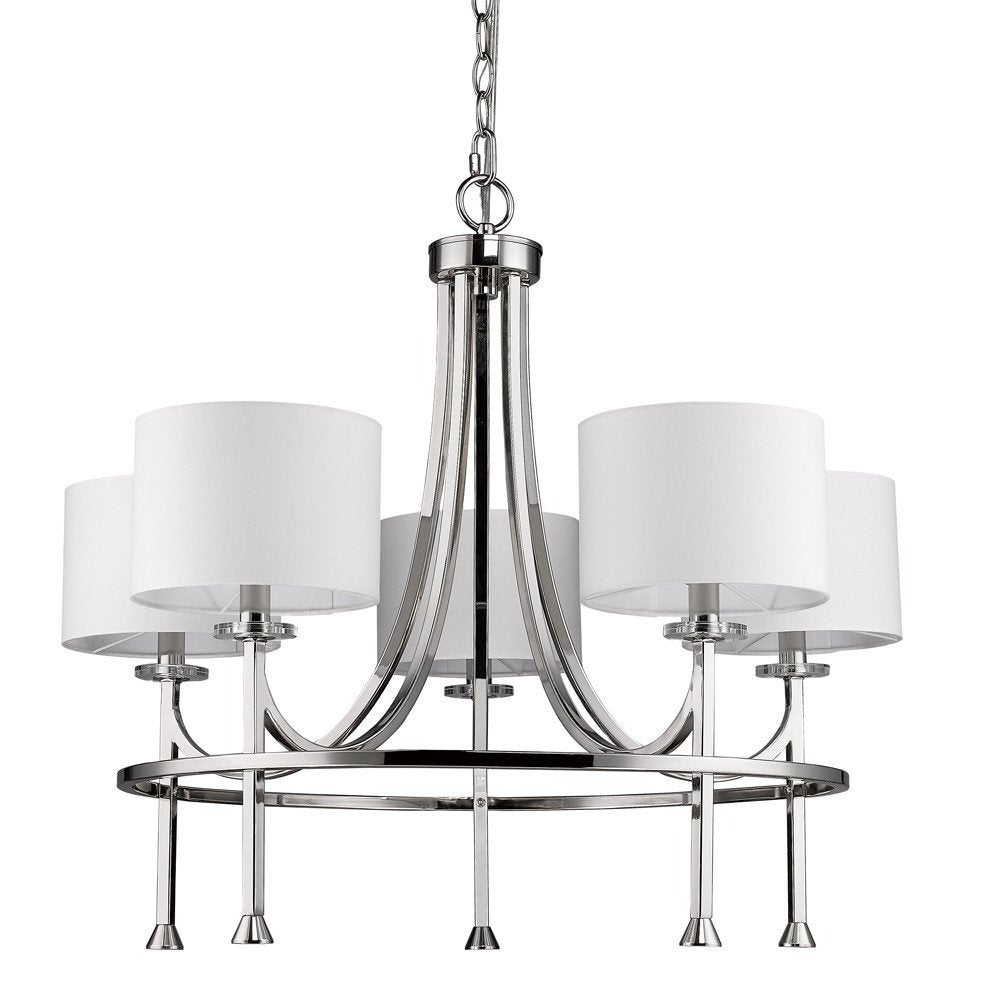 Silver Candle Style Five Light Metal and Crystals Dimmable Chandelier With White Shades — view 2