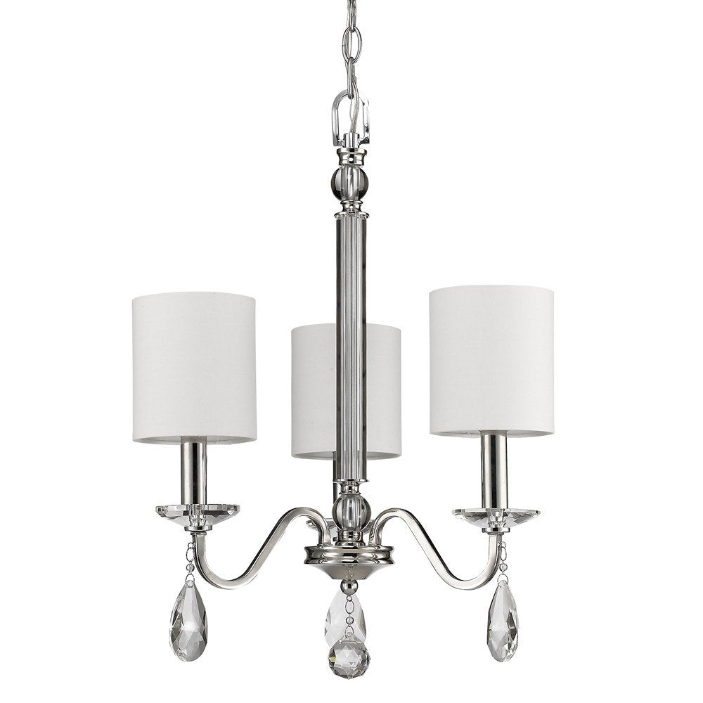 Silver Candle Style Three Light Metal and Crystals Dimmable Chandelier With White Shades — view 1