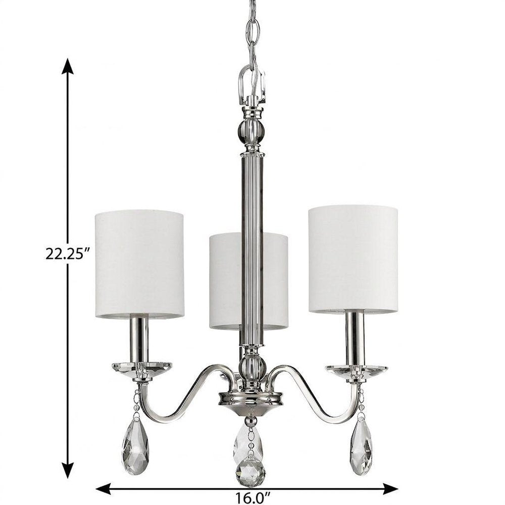 Silver Candle Style Three Light Metal and Crystals Dimmable Chandelier With White Shades HomeRoots
