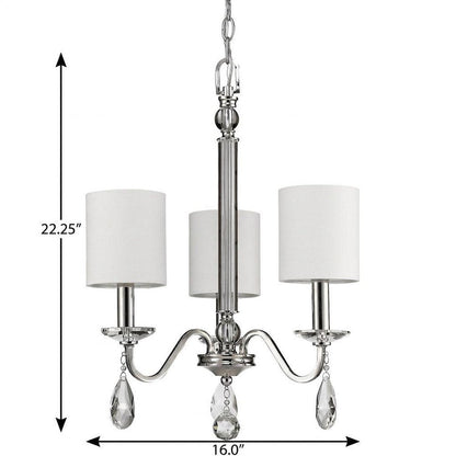 Silver Candle Style Three Light Metal and Crystals Dimmable Chandelier With White Shades HomeRoots