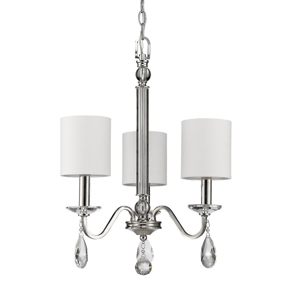 Silver Candle Style Three Light Metal and Crystals Dimmable Chandelier With White Shades — view 2