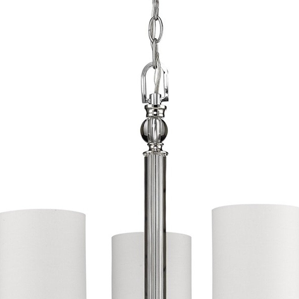 Silver Candle Style Three Light Metal and Crystals Dimmable Chandelier With White Shades HomeRoots