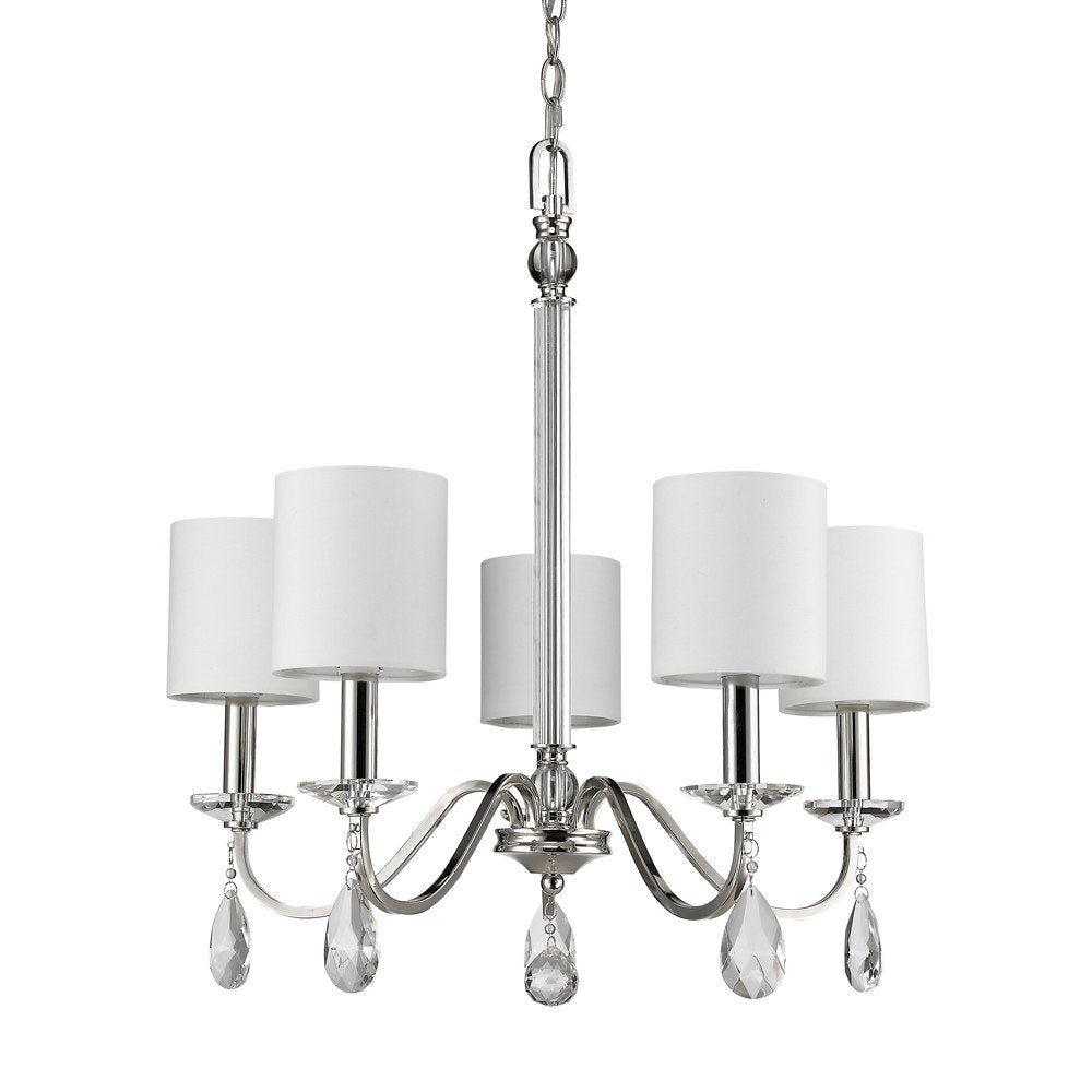Silver Candle Style Five Light Metal and Crystals Dimmable Chandelier With White Shades HomeRoots