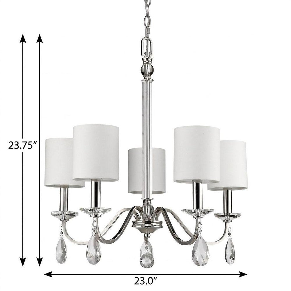 Silver Candle Style Five Light Metal and Crystals Dimmable Chandelier With White Shades HomeRoots
