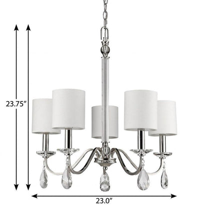 Silver Candle Style Five Light Metal and Crystals Dimmable Chandelier With White Shades HomeRoots