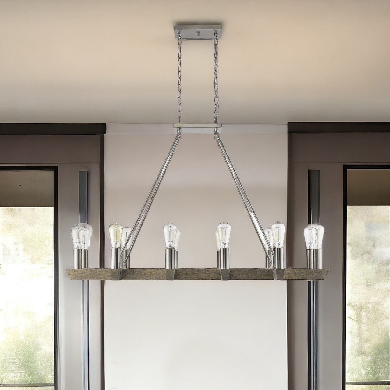 Silver Kitchen Island Twelve Light Metal Dimmable Chandelier