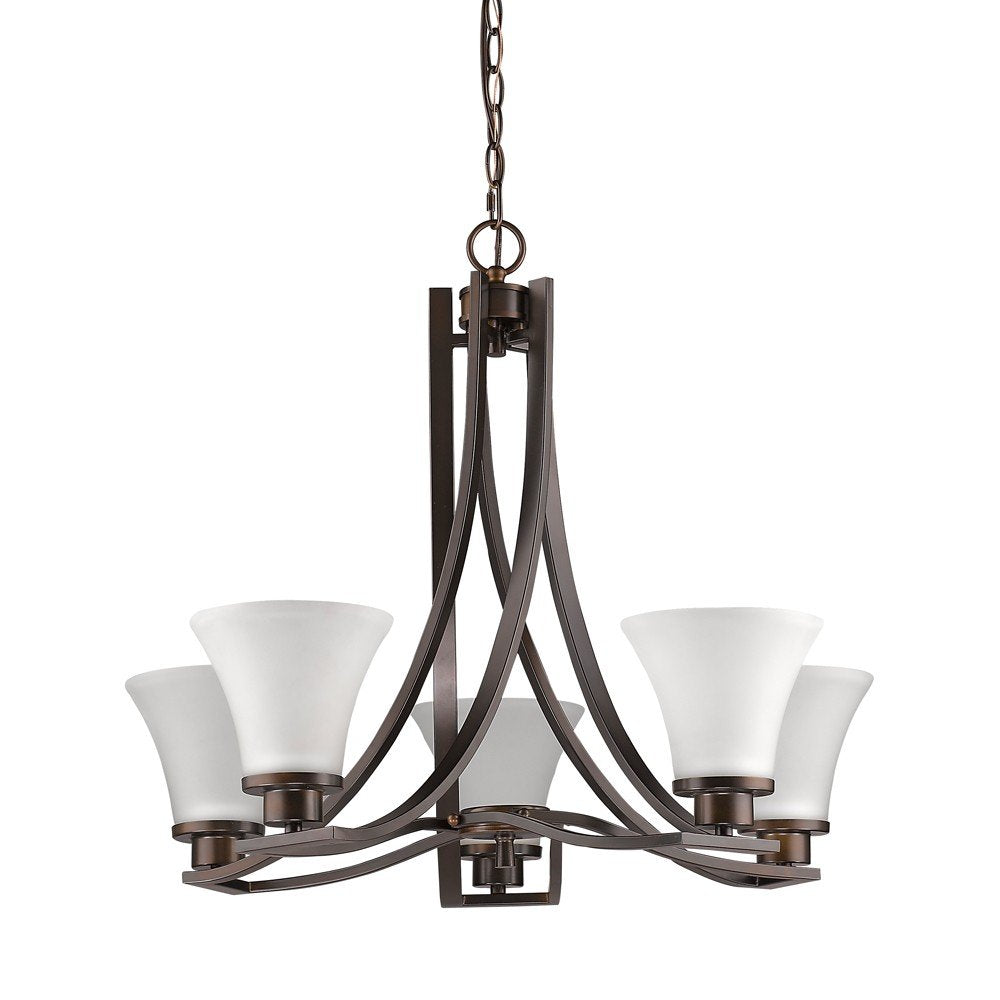 Bronze Candle Style Five Light Frosted Metal Dimmable Chandelier With White Shades HomeRoots