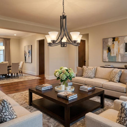 Bronze Candle Style Five Light Frosted Metal Dimmable Chandelier With White Shades HomeRoots