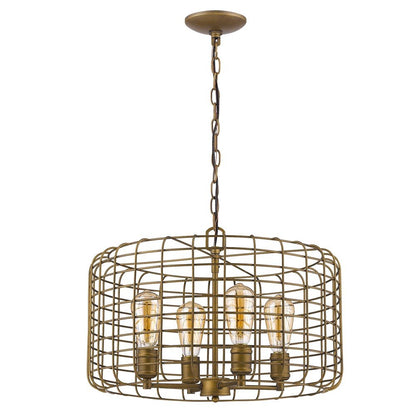 Lynden 4-Light Raw Brass Drum Pendant With Wire Cage Shade HomeRoots