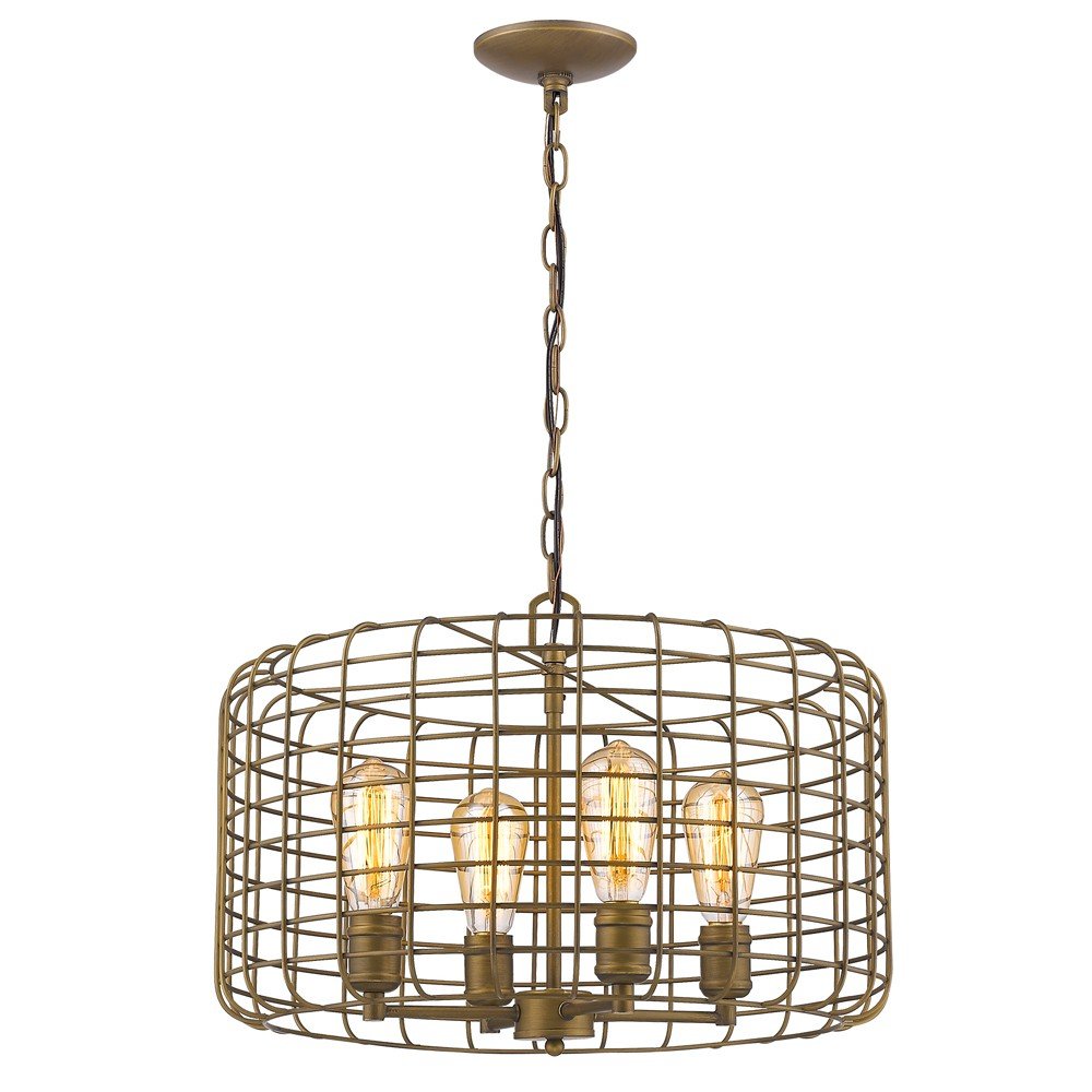 Lynden 4-Light Raw Brass Drum Pendant With Wire Cage Shade HomeRoots