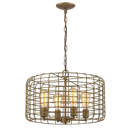 Lynden 4-Light Raw Brass Drum Pendant With Wire Cage Shade HomeRoots