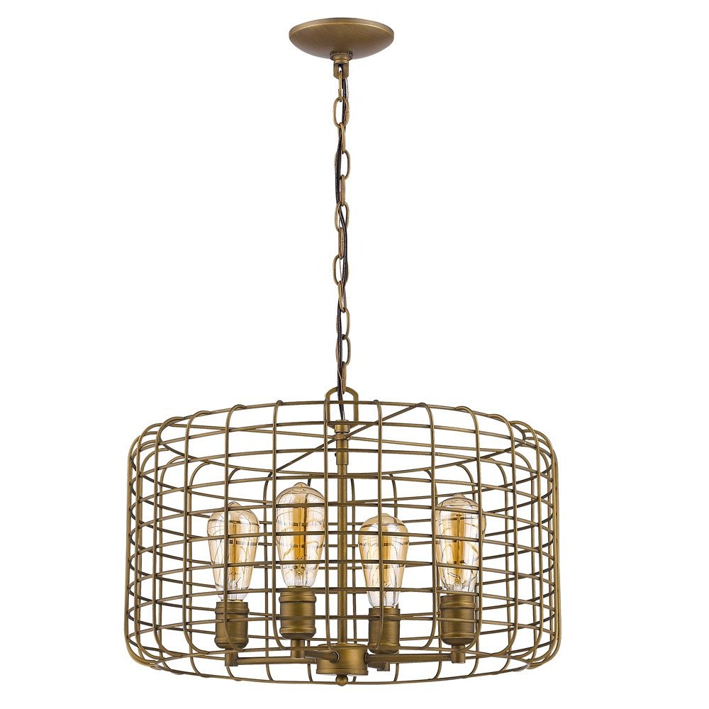 Lynden 4-Light Raw Brass Drum Pendant With Wire Cage Shade HomeRoots