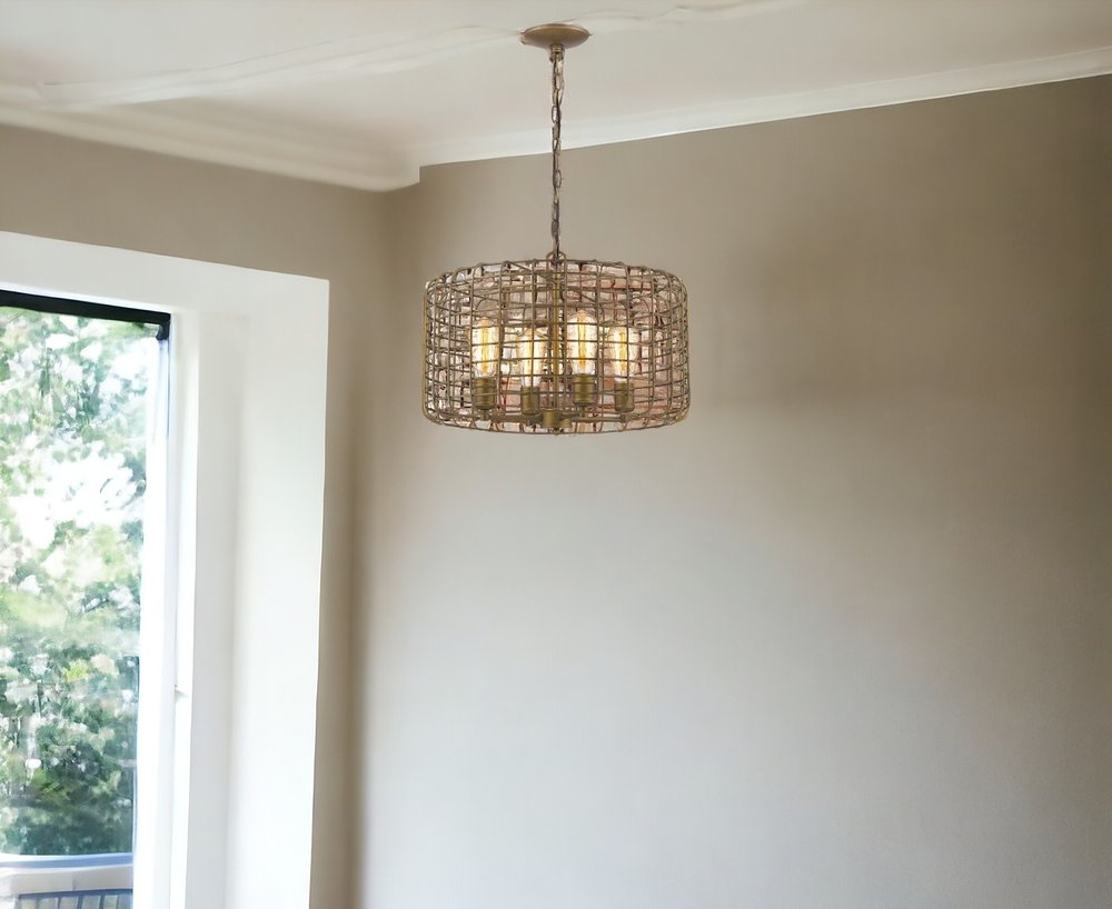 Lynden 4-Light Raw Brass Drum Pendant With Wire Cage Shade HomeRoots