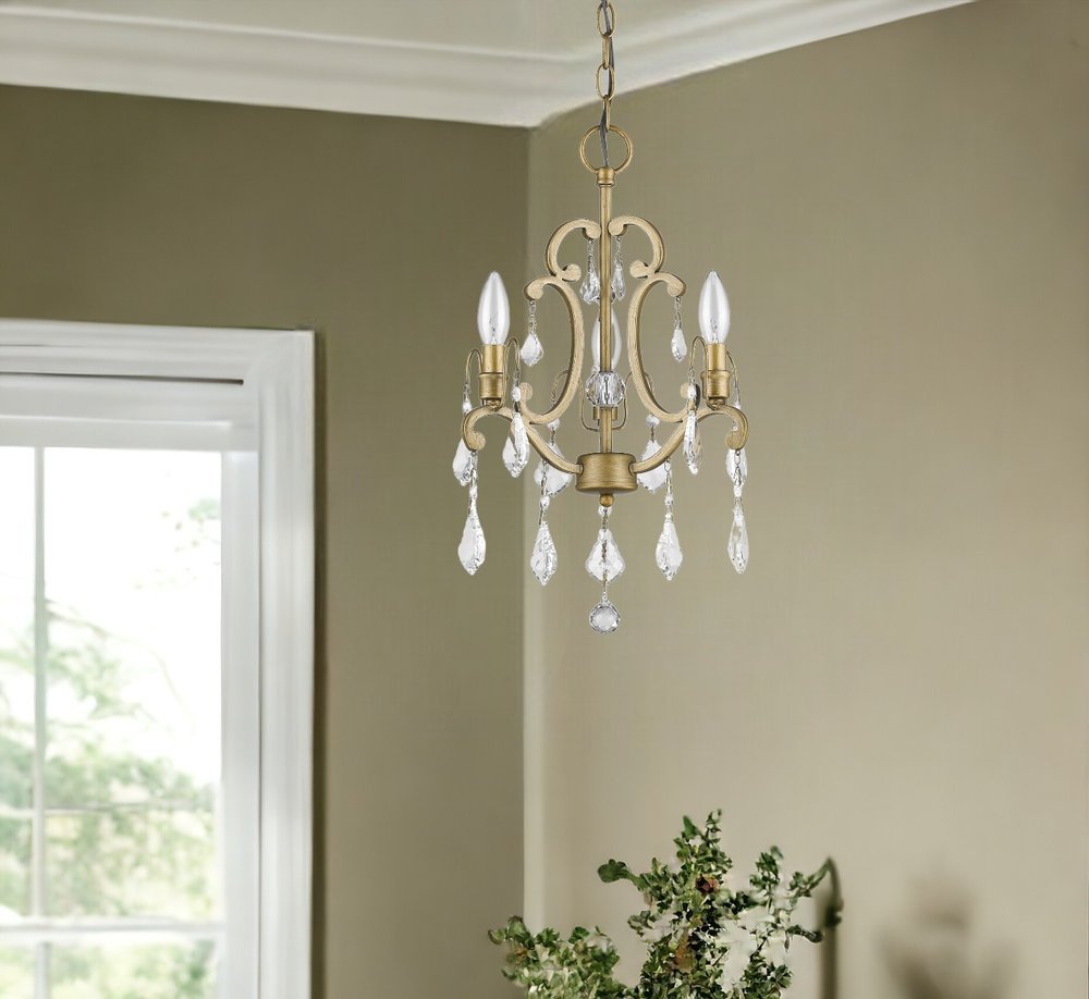 Gold Candle Style Three Light Crystal Metal Dimmable Chandelier HomeRoots