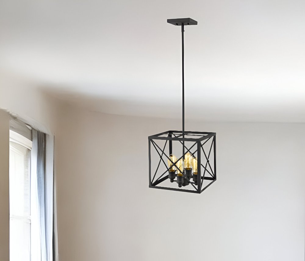 Brooklyn 4-Light Matte Black Pendant With Metal Framework Shade HomeRoots