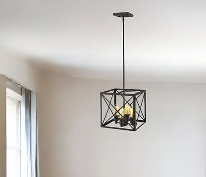 Brooklyn 4-Light Matte Black Pendant With Metal Framework Shade HomeRoots
