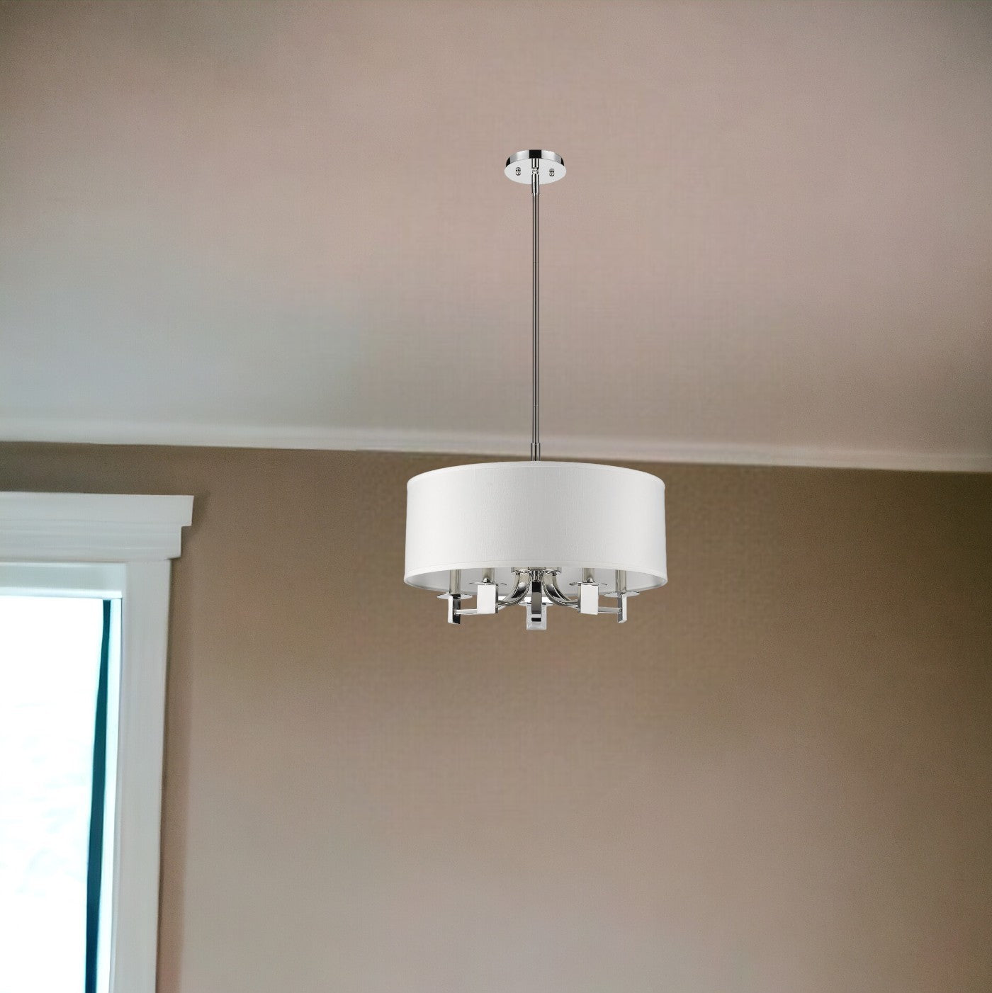 Andrea 5-Light Polished Nickel Drum Pendant With Ivory Hardback Shade