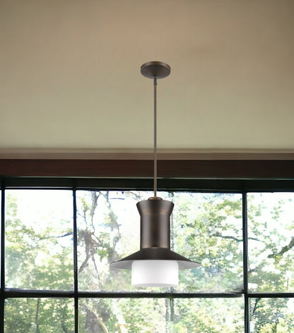 Greta 1-Light Oil-Rubbed Bronze Pendant With Gloss White Interior And Etched Glass Shade