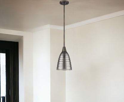 Bronze Hanging Light with Ribbed Pebbled Glass Shade