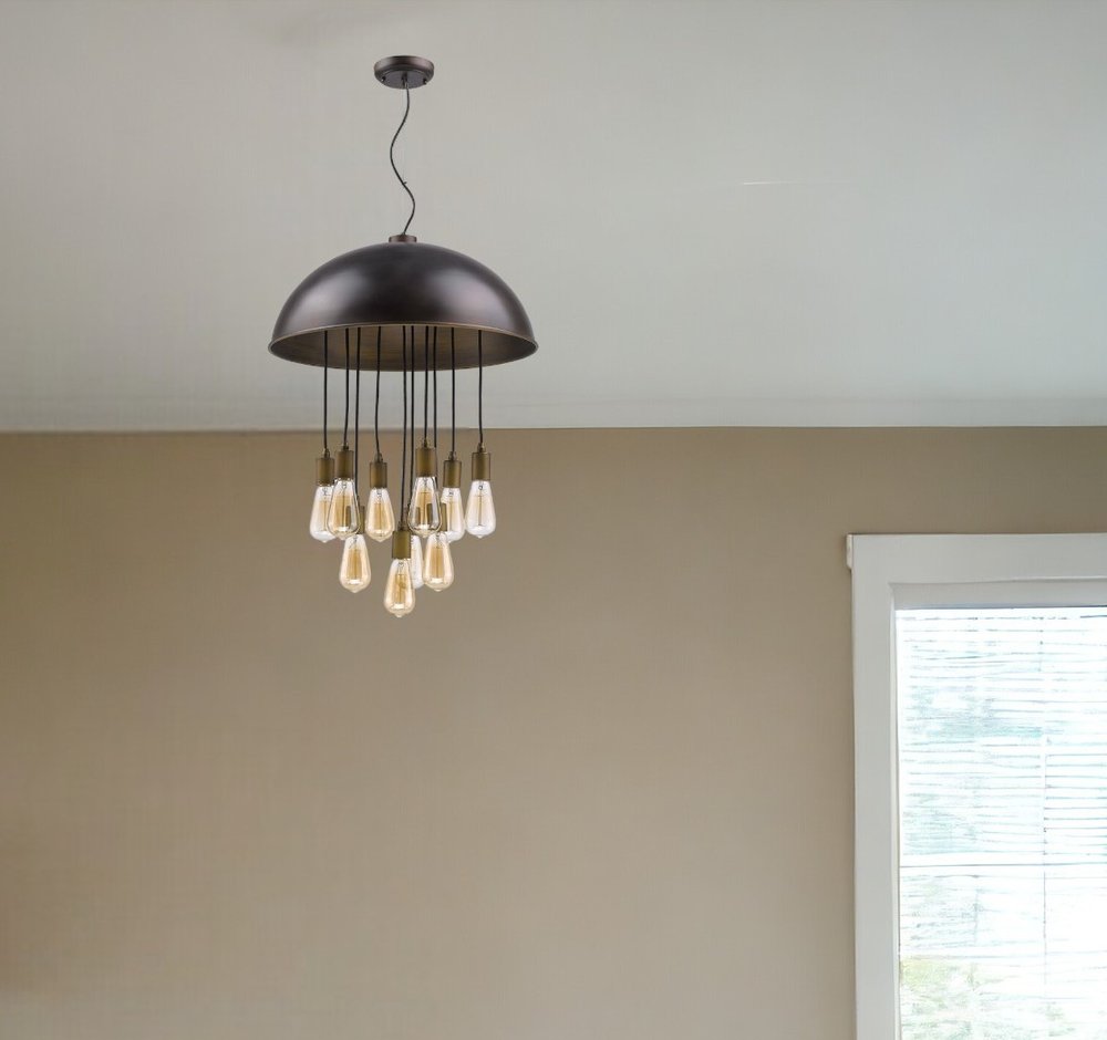 Keough 10-Light Oil-Rubbed Bronze Bowl Pendant With Raw Brass Sockets HomeRoots