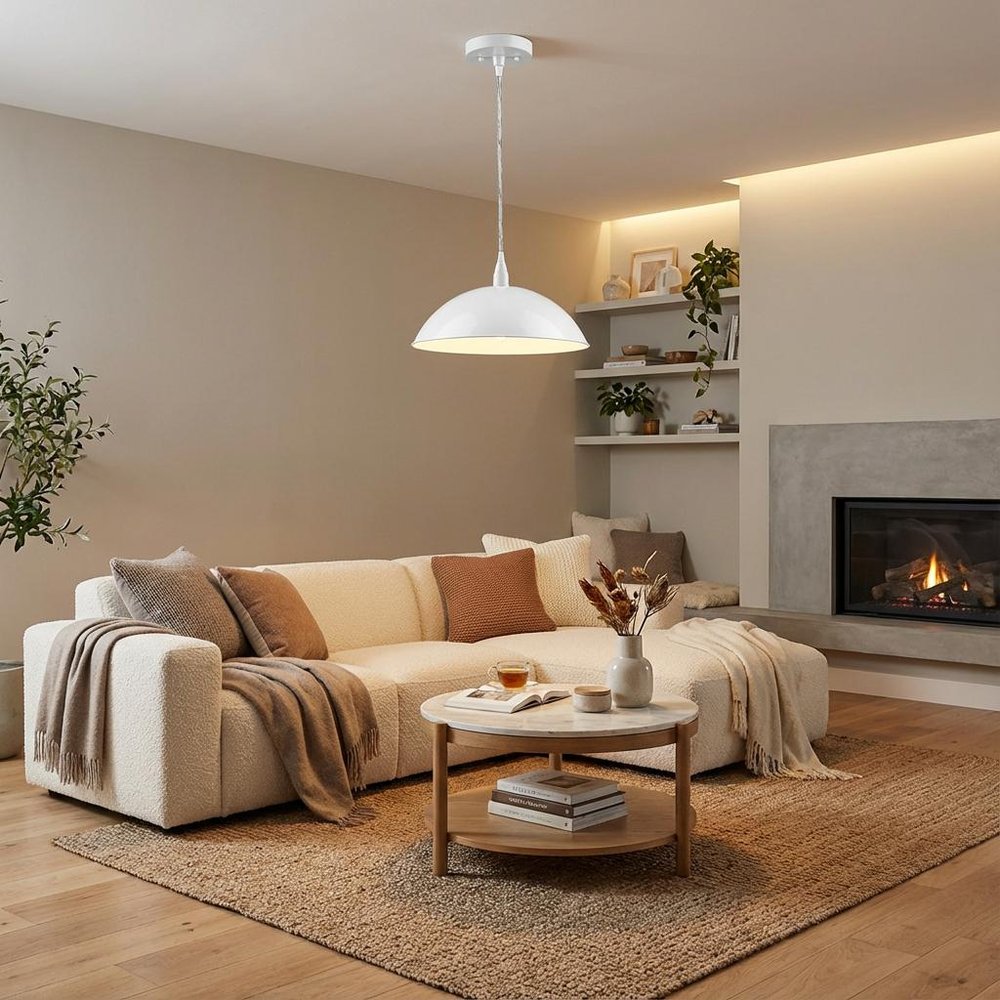 White Metal Hanging Light with Dome Shade — view 6
