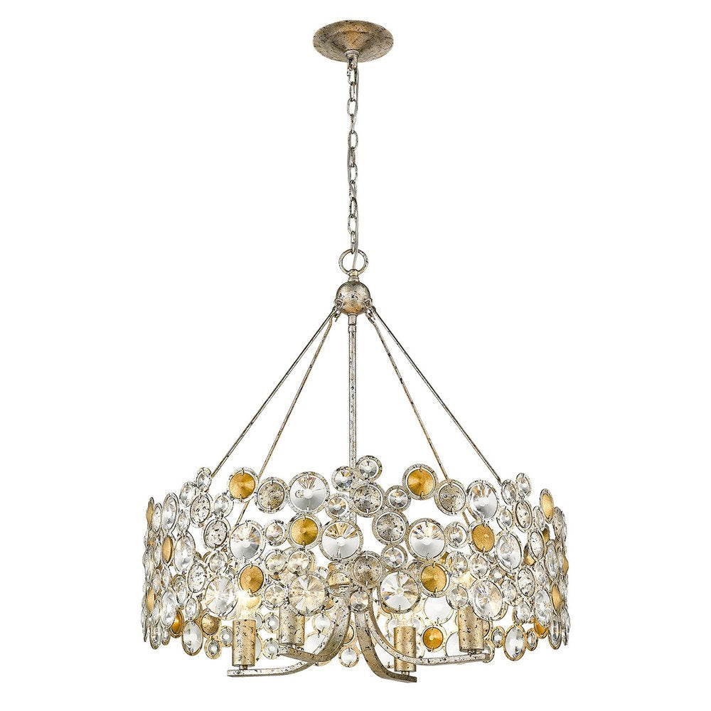 Silver Shaded Four Light Metal and Crystals Dimmable Chandelier With Silver Shades HomeRoots