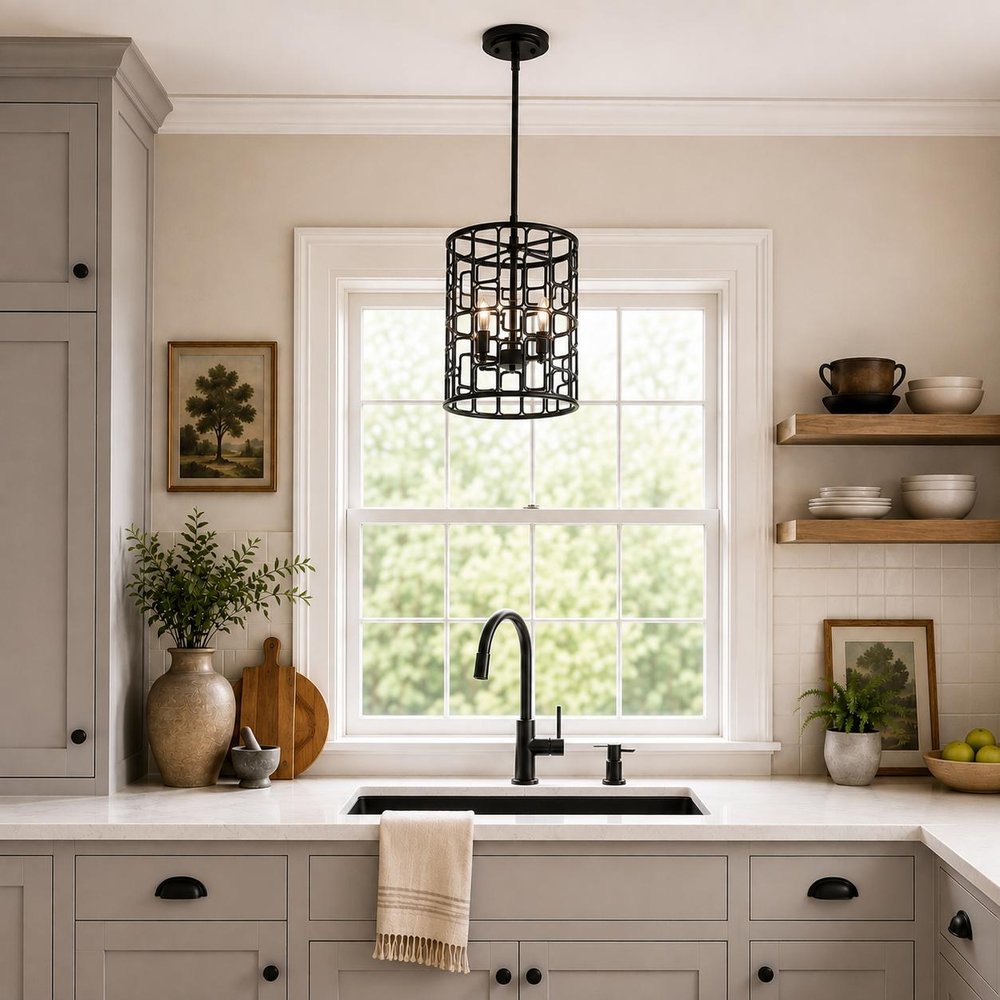 Black Metal Three Light Caged Pendant Light — view 9
