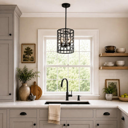 Black Metal Three Light Caged Pendant Light HomeRoots