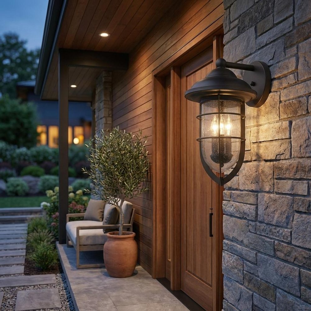 Black And Clear Three Light Seeded Dimmable Outdoor Hanging Lights With Black And Clear Shades — view 7