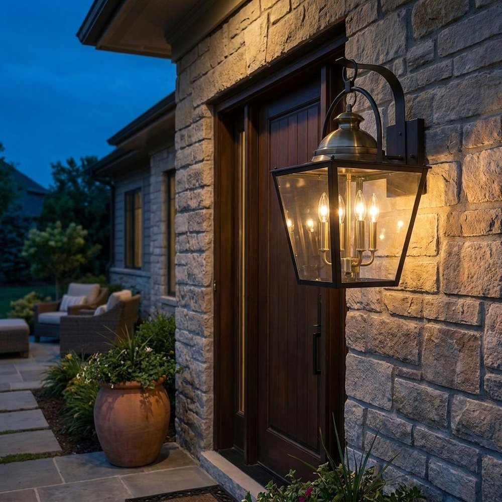 Black Clear And Brass Four Light Transparent Dimmable Outdoor Hanging Lights With Black Clear And Brass Shades HomeRoots