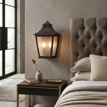 Black And Clear Two Light Seeded Dimmable Outdoor Hanging Lights With Antiqued Brass Shades HomeRoots