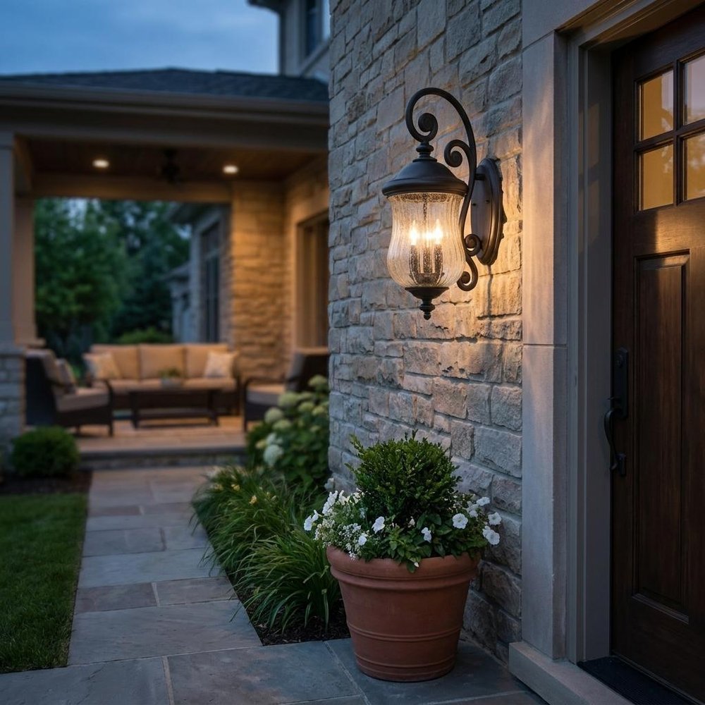 Black And Clear Three Light Seeded Dimmable Outdoor Hanging Lights With Black And Clear Shades — view 1