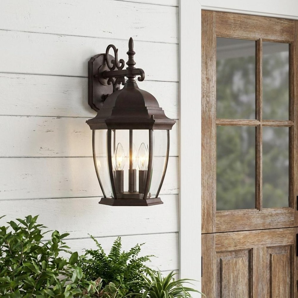 Three Light Dark Brown Wide Hanging Lantern Wall Light — view 5