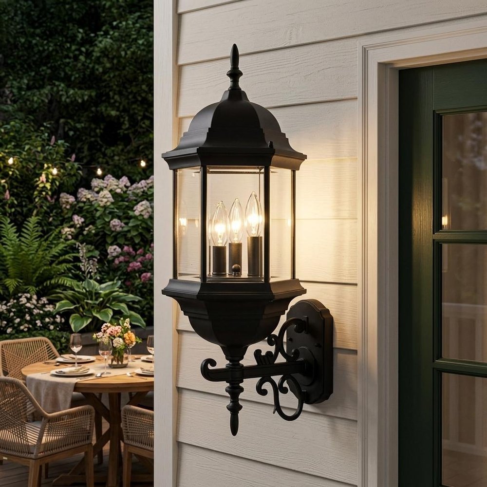 Three Light Matte Black Domed Glass Lantern Wall Light HomeRoots