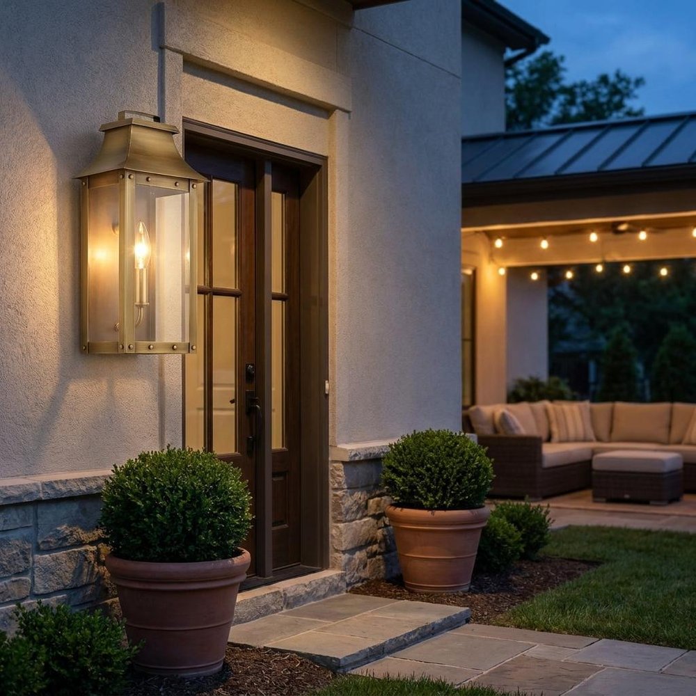 Brass And Clear Transparent Dimmable Outdoor Hanging Light With Brass And Clear Shades — view 1