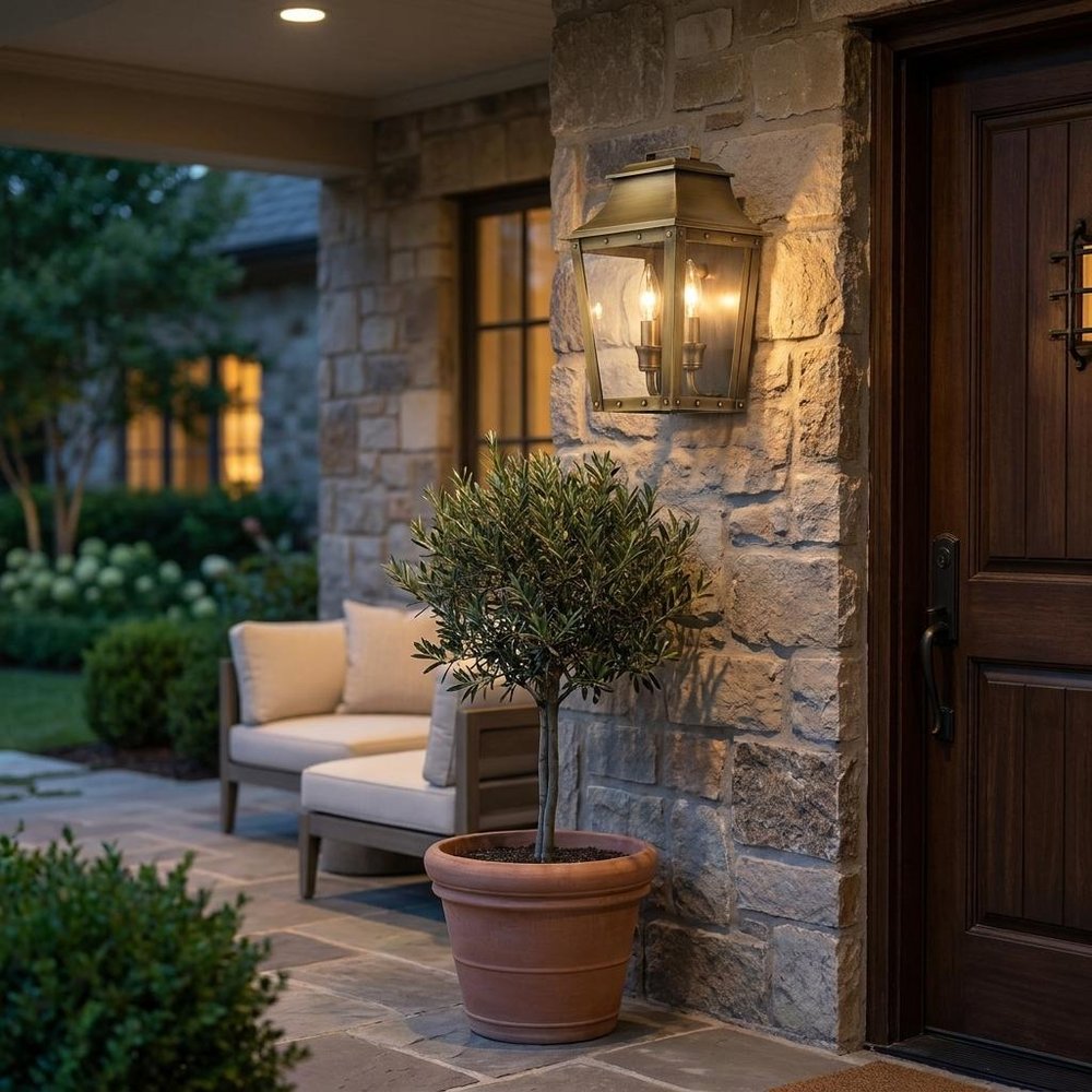 Brass And Clear Two Light Transparent Dimmable Outdoor Hanging Lights With Brass And Clear Shades — view 1