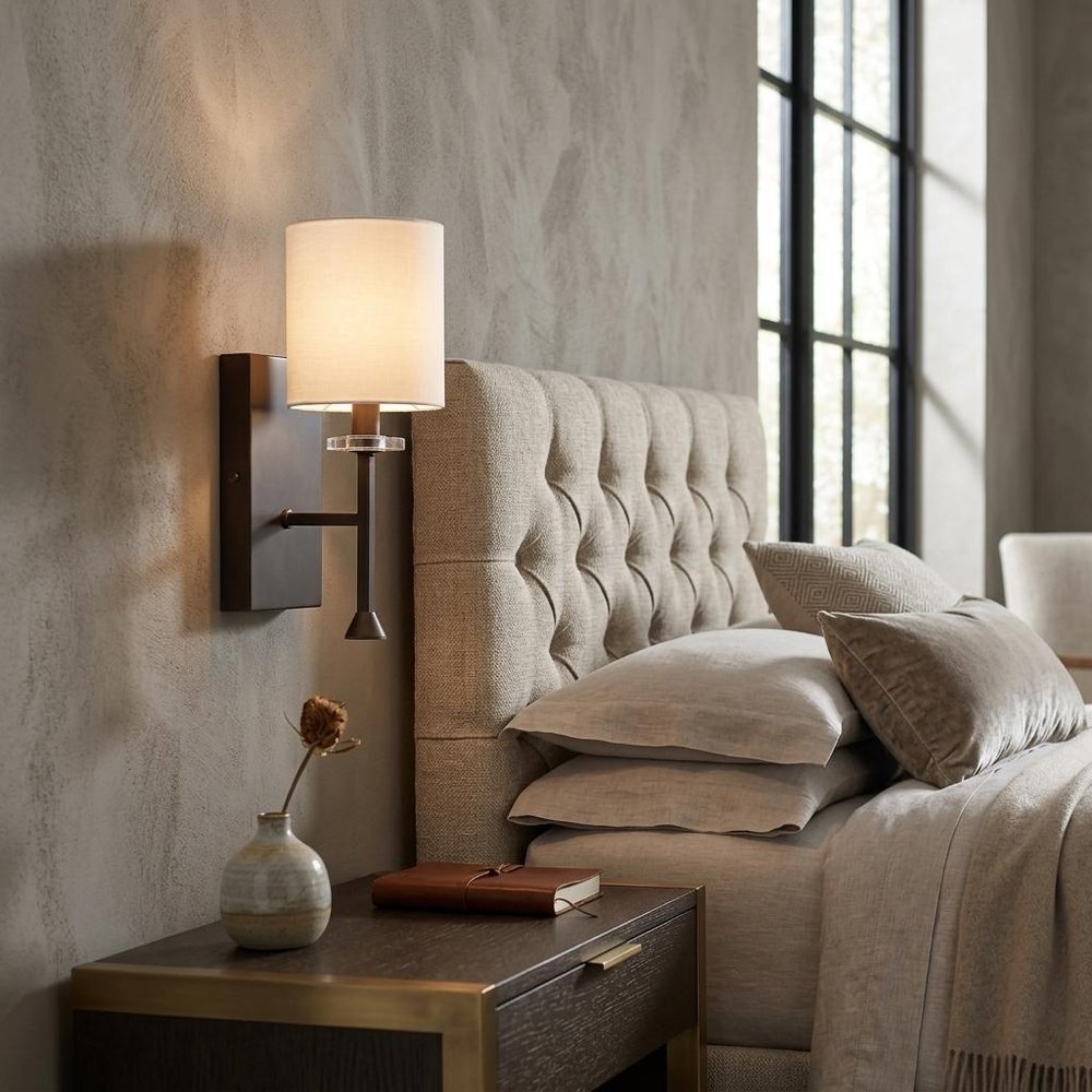 Minimalist Bronze Wall Sconce with Fabric Shade HomeRoots
