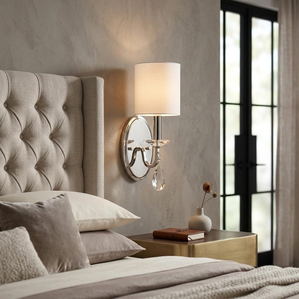 Silver Three Light Wall Sconce with White Fabric Shade HomeRoots
