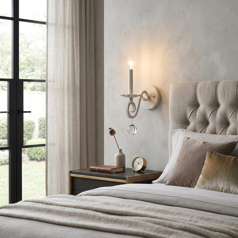 12" Off White Rustic Metal Candle Wall Light With Hanging Crystal HomeRoots