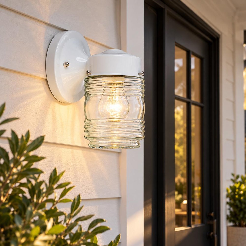 White Standard Jelly Jar One Light Outdoor Wall Light