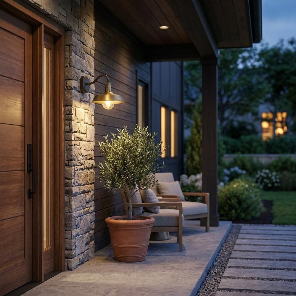 Brass Seeded Dimmable Outdoor Hanging Light With Brass Shades — view 1