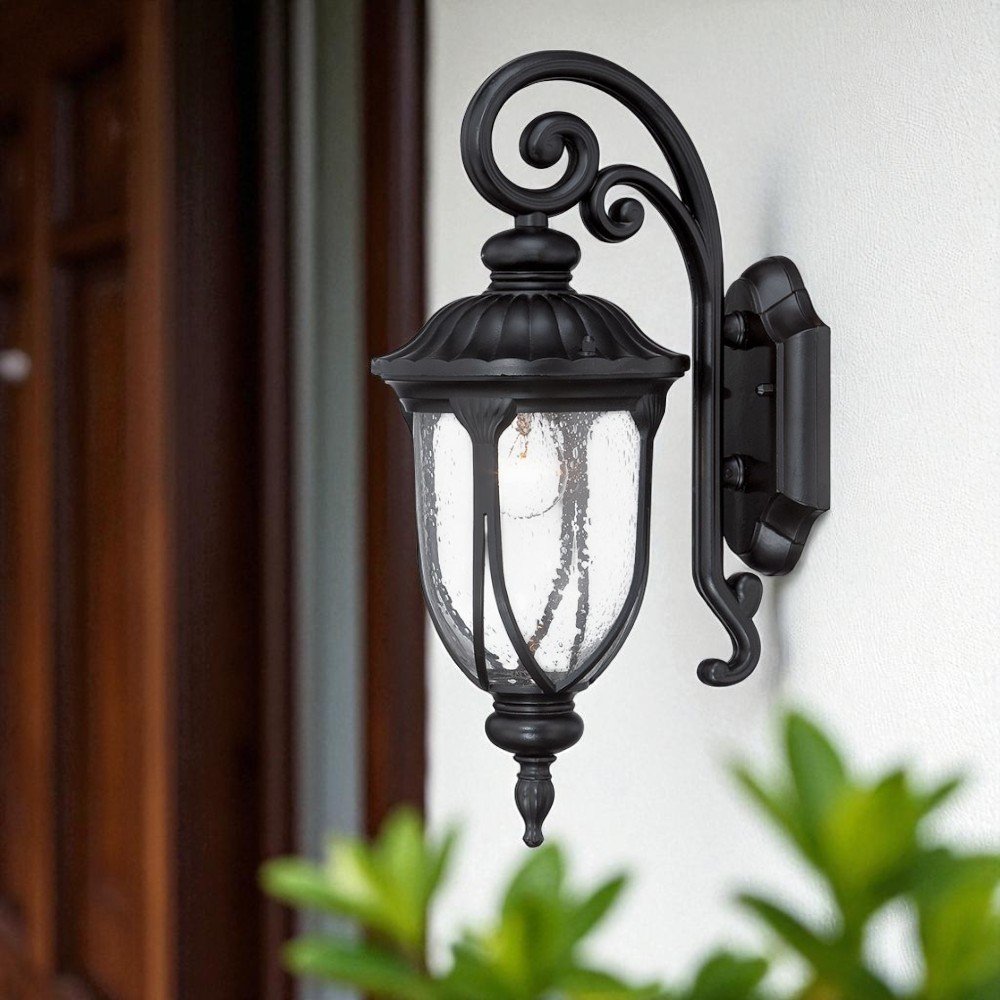 Matte Black Cast Aluminum Glass Lantern Wall Sconce HomeRoots