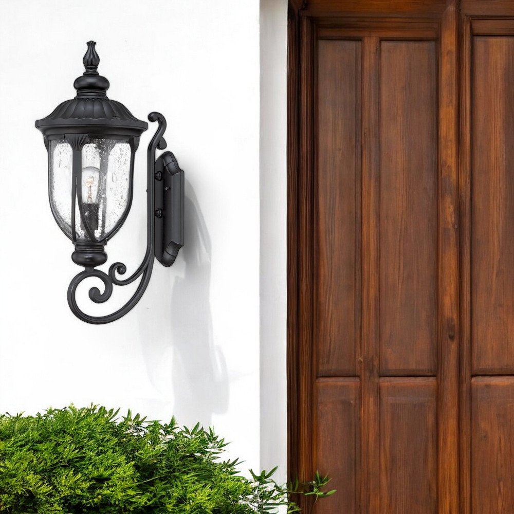 XL Matte Black Cast Aluminum Glass Lantern Wall Light HomeRoots