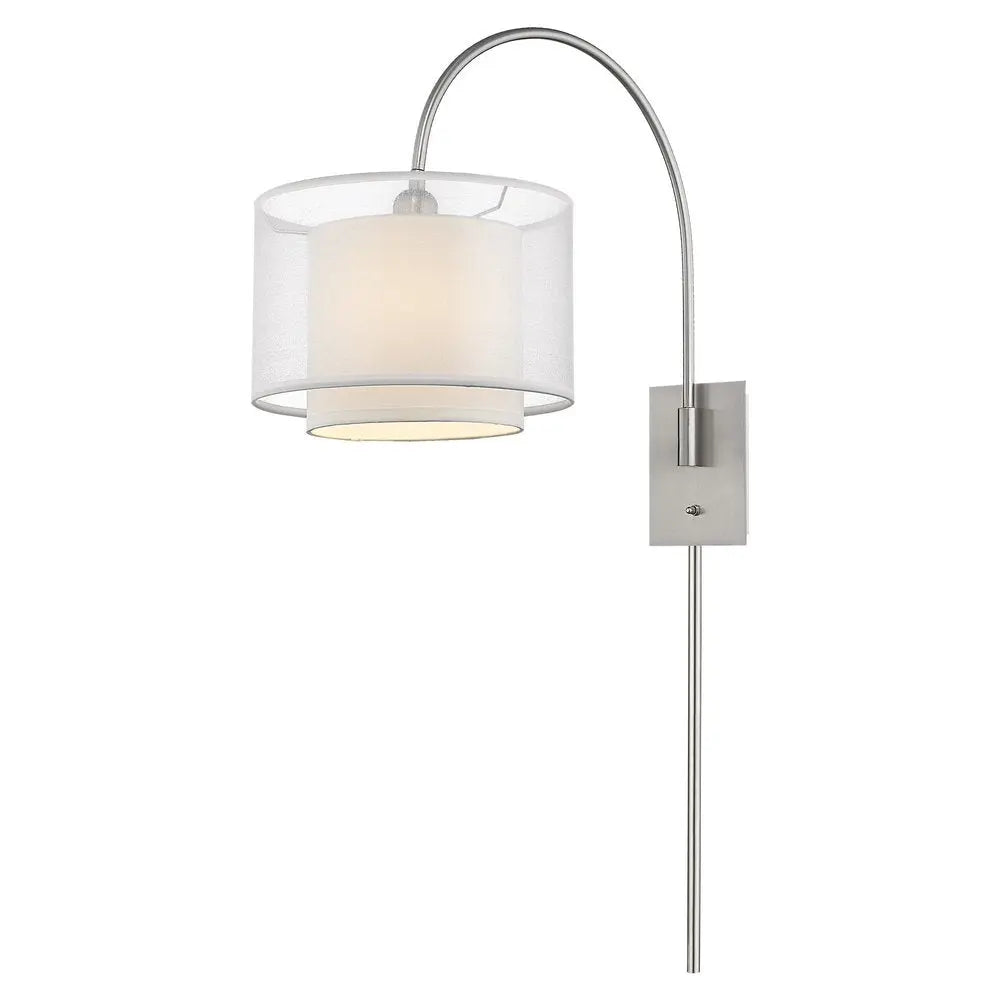 Brella 1-Light Brushed Nickel Swivel Wall Lamp With Sheer Snow Shantung Two Tier Shade HomeRoots