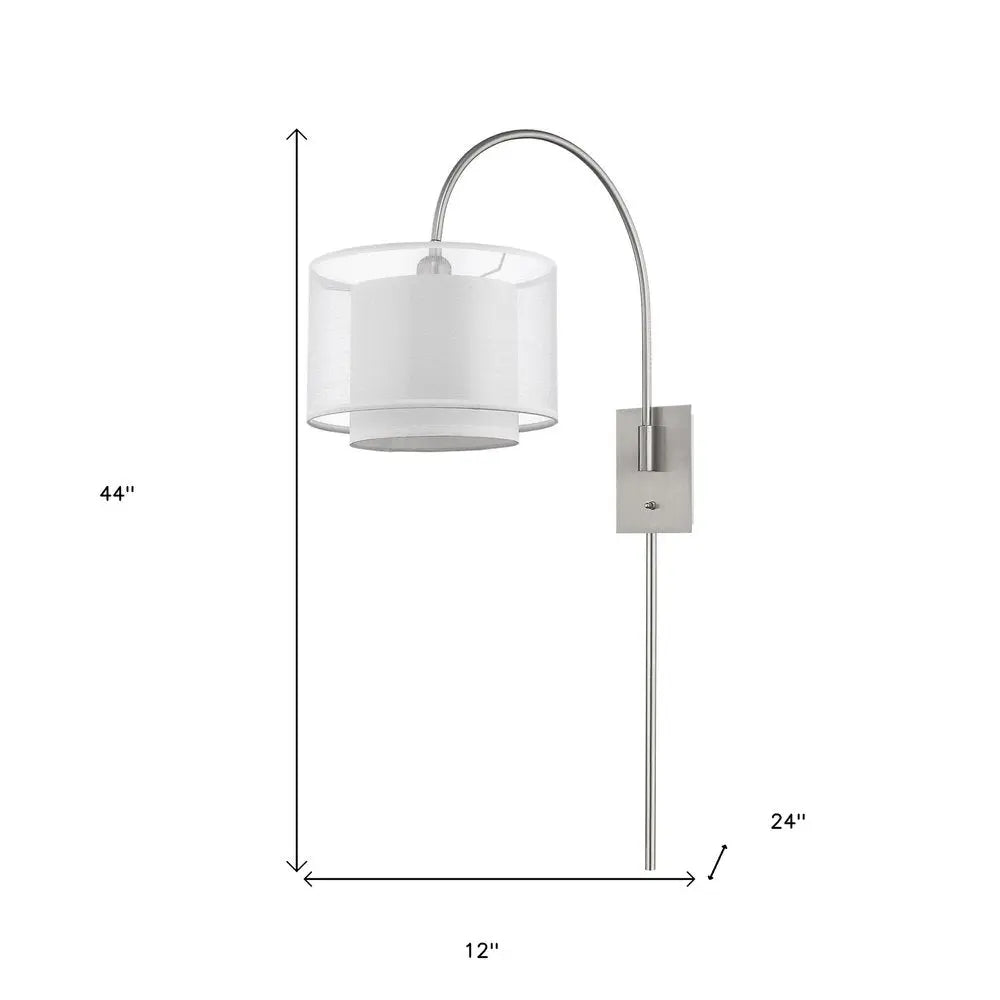 Brella 1-Light Brushed Nickel Swivel Wall Lamp With Sheer Snow Shantung Two Tier Shade HomeRoots